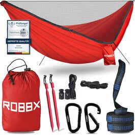 Гамак дорожній ROBBX® для двох осіб з москітною сіткою, 300 кг, червоний 290x140 см + комплект кріплень