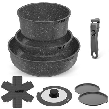 Набір каструль та сковорідок YASHE 9 шт. з антипригарним покриттям, білий (сірий), для всіх плит, знімний ручка, сумісний з духовкою, компактний, складений