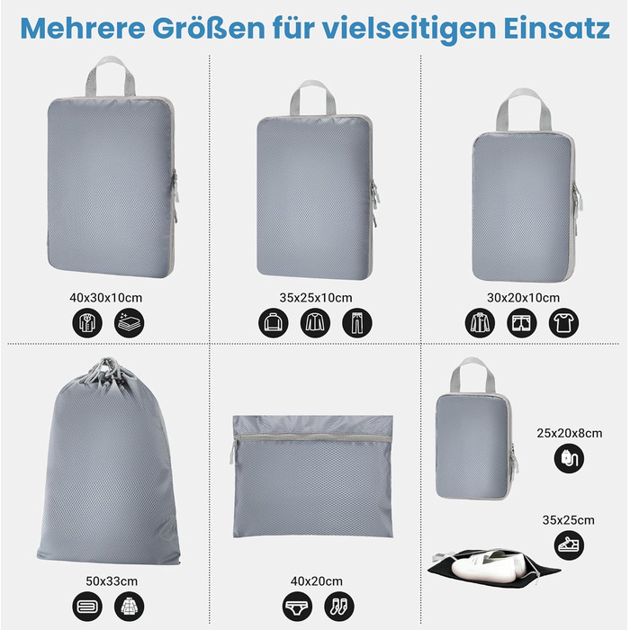 Набір кубиків-органайзерів для подорожей MEUVO - 7 шт. (сірий), компресійні, водонепроникні, для валізи/рюкзака