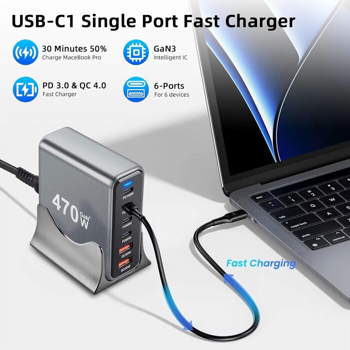 Зарядний пристрій Arceli USB-C 10 портів GaN III 470W PD QC4.0 для iPhone 16/15/14 Pro Max, Samsung Galaxy, MacBook, планшетів, ноутбуків