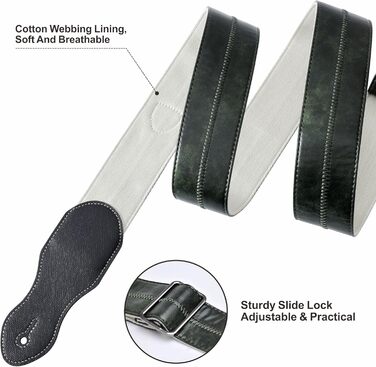 Гітарний ремінь Nefelibata з кишенею для медіатора, 2.3-дюймовий веганський шкіряний ремінь для гітари в стилі Porter, вінтажний стиль 30-х років, з медіаторами, кнопками та замками. Регульована довжина від 42 до 66 дюймів (зелений)