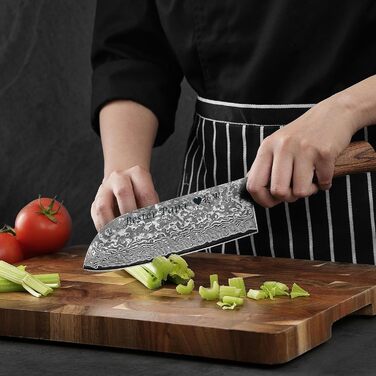 Ніж кухонний Wakoli EDIB Pro Santoku з дамаської сталі (VG10) 17 см, рукоять Pakkawood, подарункова коробка - для м'яса, риби та овочів, з можливістю гравіювання