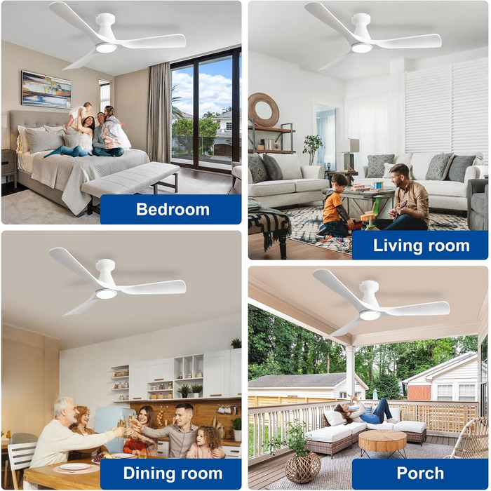 Стелянка вентилятор Depuley 42 дюйми з підсвічуванням: 3 лопаті, врізний монтаж, для спальні. Диммування, керування через додаток, тихий DC-двигун, таймер. Білий колір.