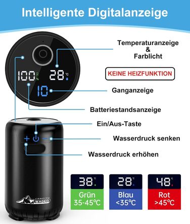 WADEO Portable Camping Shower Battery with Pump, Camping Shower with Rechargeable 6000/8000mAh Battery, Mobile Showers Outdoor Showers with Shower Head and Hose, for Camping, Travel, Garden, Car Washing (Black, 10 Gänge and with Double Digital Display)