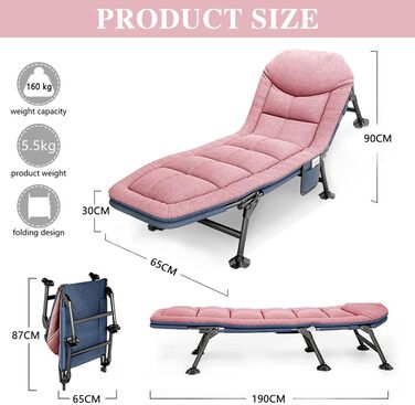 Розкладне ліжко для кемпінгу XXL - широке кемпінгове ліжко, легке, регульована спинка, для відпочинку на природі та вдома (рожеве)