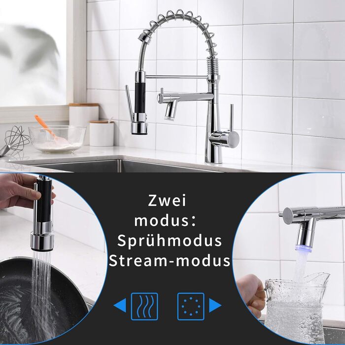 Змішувач кухонний LED Chrome з висувною лійкою, 360° обертання, 2 виходи, високий тиск