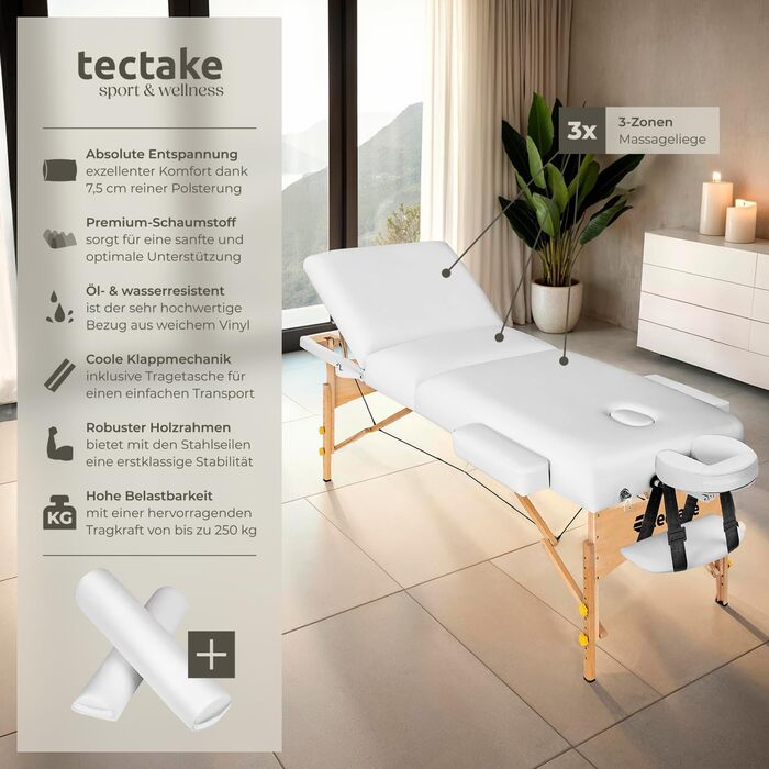 Масажний стіл Tectake® мобільний, складаний, з 3 зонами, з 7,5 см підкладкою, регульована висота, підголівник та підлокітники, масажна кушетка з дерев'яними ніжками, сумка для перенесення (з масажними роликами, білий)