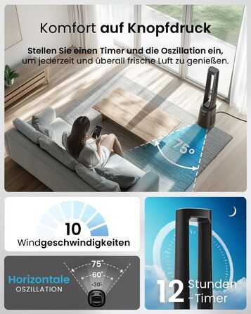 Вентилятор Pro Breeze OmniAir з очищувачем повітря, 105 см - безшумний, з HEPA 13 фільтром, LED дисплеєм, пультом керування, 10 швидкостей, 5 режимів, чорний