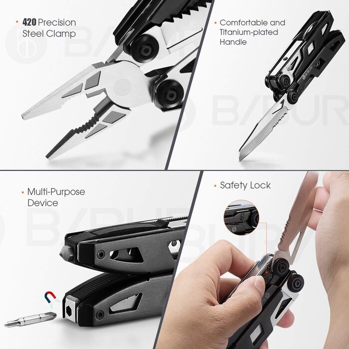 Мультитул BIBURY 18 в 1: 18 функцій в одному інструменті з нержавіючої сталі. Ідеальний для кемпінгу, ремонту та як подарунок для чоловіків. Чорний.