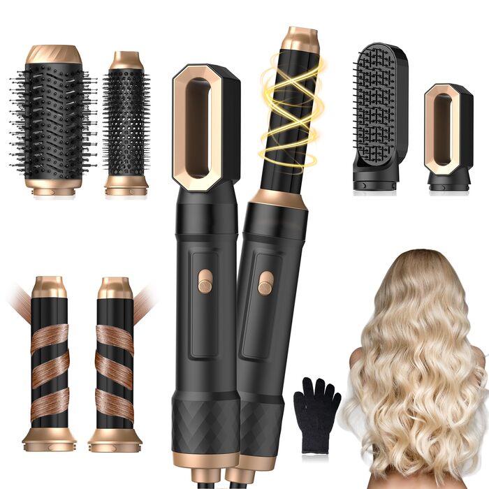 Фен-щітка 6 в 1 Airbrush Pro - комплект для створення зачісок | 1000W, круглі щітки, керлер, фен, щітка для випрямлення волосся, сушарка, щітка для укладки | Для всіх типів волосся - блакитний (чорне золото)