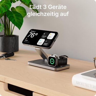 База для бездротової зарядки Voomy 3-в-1 з підтримкою MagSafe, для iPhone, AirPods та Apple Watch, 15W, складана, швидка зарядка, з USB-C кабелем та адаптером (Чорний)