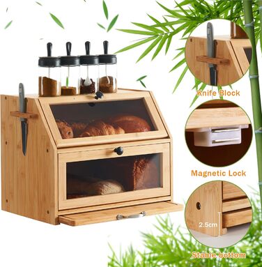 YOUDENOVA Бак для хліба з бамбука Eco, Бак для хліба, Кошик для хліба з дощечкою для нарізання, Контейнер для зберігання в кухні, 39x26x32,5 см, Натуральний бамбук