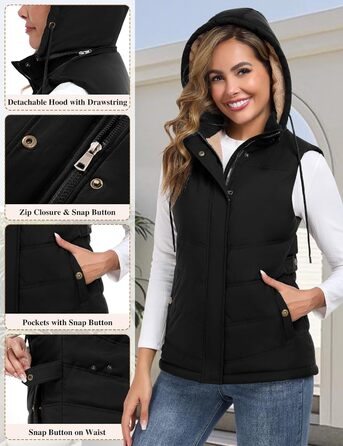 Жіноча жилетка Tuopuda з капюшоном, стеганий фліс, утеплена флісом, тепла зимова куртка без рукавів, термо жилетка, комір-стійка, жилетка з капюшоном, блискавка, осінь/зима, чорний колір, розмір L
