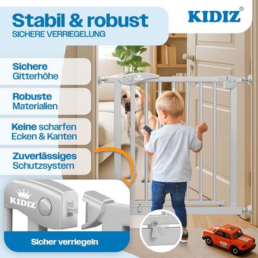 Захист для сходів KIDIZ без свердління | Ширина: 74-80 см, висота 75 см | Захист від падіння для дітей та собак | Одноручний відкривання, система Open-Stop 90°, сірий