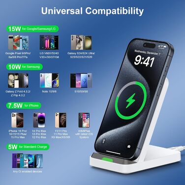 Бездротовий зарядний стан 15W для Samsung Galaxy S25/S24/S23/S22/S21 FE та iPhone 16/15/14, Google Pixel 9/8/7/6 (білий)