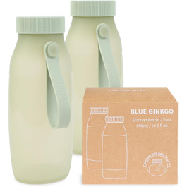 BLUE GINKGO Collapsible Water Bottles [2-Pack] – Lightweight, foldable silicone bottles for travel, hiking, and camping (500ml, Made in Korea, Beige) (2 Pack, Olive Green)