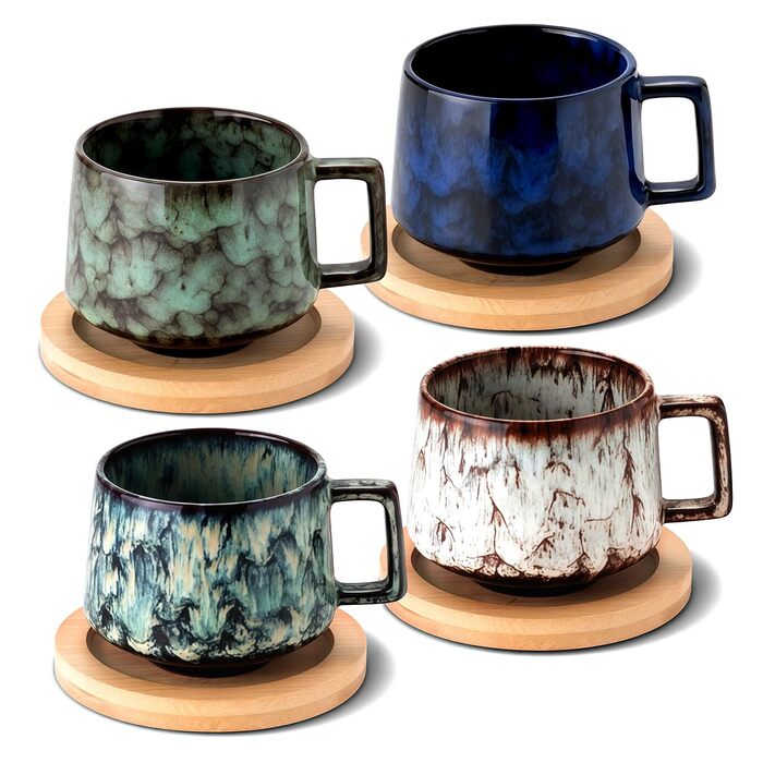 Набір з 4 чашок еспресо 190мл з дерев'яними підставками, керамічні чашки для кави, американо, лате, кави, мока та чаю (бежевий+блакитний+темно-синій+темно-зелений)