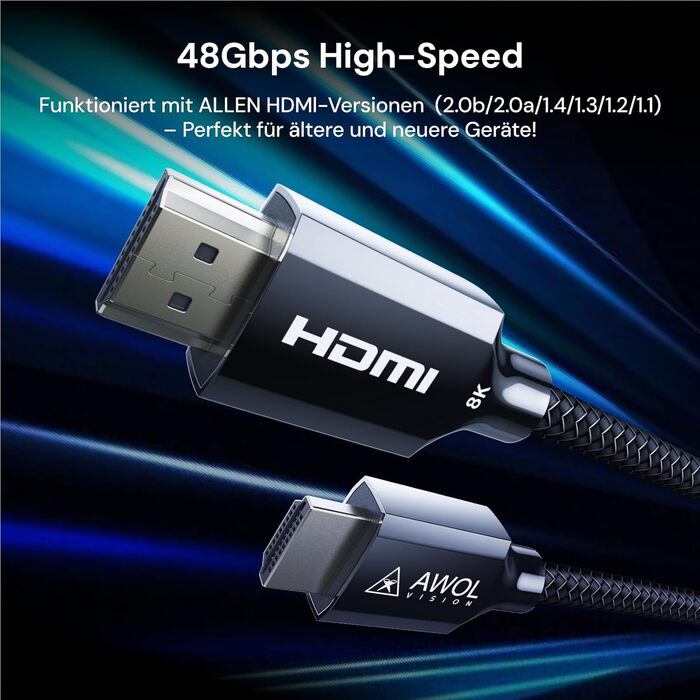 HDMI 2.1 кабель AWOL VISION 2M: 8K, 48Gbps, Ultra High Speed, сумісний з PS5/Xbox/TV/PC/Beamer, HC-002