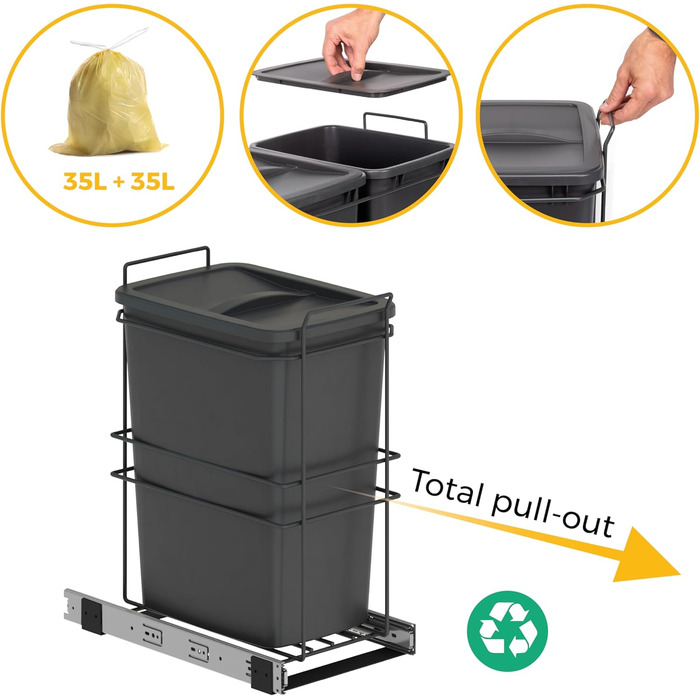 Відро для сміття кухонне Emuca з підвісною системою, 2 висувні контейнери по 20 л, загальний об'єм 40 л (2 x 20 л), сталь та пластик, сірий колір
