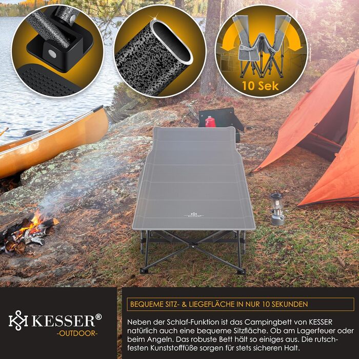 Кемпінгове ліжко KESSER® розкладне, металеве, 190 см, сіре, з сумкою та ліхтарем