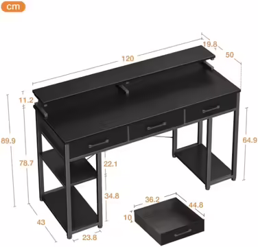 ODK Desk with Drawers, Computer Desk with Shelf, 120x50x90cm Gaming Desk with Monitor Stand, Black Desk, Office Desk, PC Desk for Home Office, Office, Living Room 120 x 50 cm Black