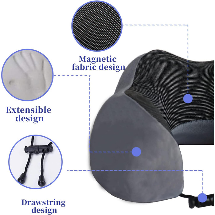 Подушка для шиї Poligono для подорожей: компактна, з піною з пам'яті, для літака, м'яка та комфортна (темно-сіра)