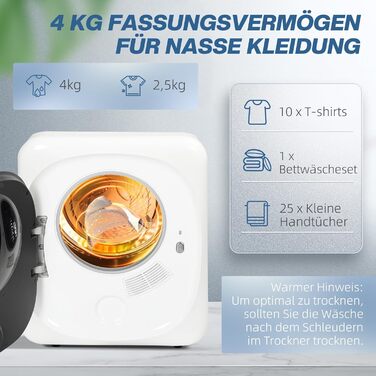 Міні-сушарка для одягу HOMCOM з 6 програмами, LED-дисплеєм, 4 кг, до 60°C, 800W, окремо стояча/настінна, з захистом від перегріву, біла