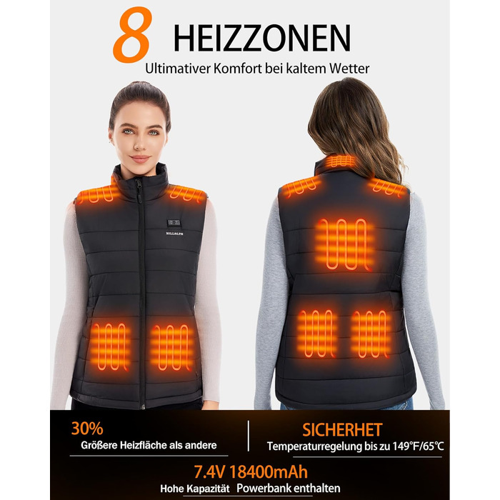 Тепла жилетка для жінок з акумулятором 18400mAh 7.4V – 8 зон нагріву, водовідштовхувальна, легка, пральна, для активного відпочинку, чорна