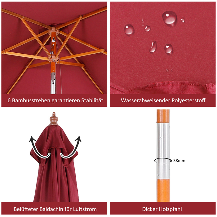 Outsunny Canopy Umbrella, Balcony Parasol made of Fir Wood, 3-Level Adjustable, Burgundy, 200x150x230cm for Garden & Terrace