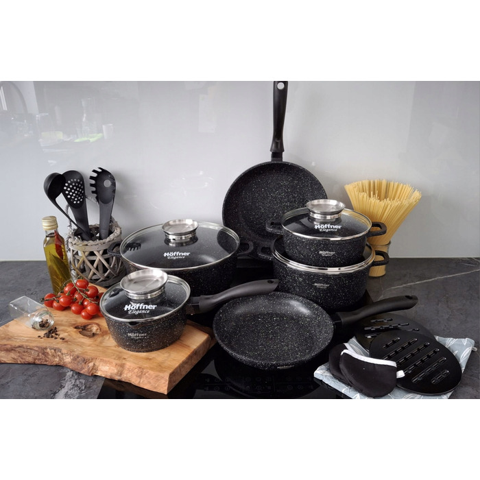 Набір каструль Hoffner, алюміній з мармуровим покриттям, чорний, 17 предметів