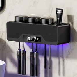 Wall-Mounted Toothbrush Holder, Smart Cleaner Case with Drying and Cleaning, Toothbrush Holder with 6 Toothbrush Slots, Multifunctional Toothbrush Holder with 3 Cups for Bathroom (Black)