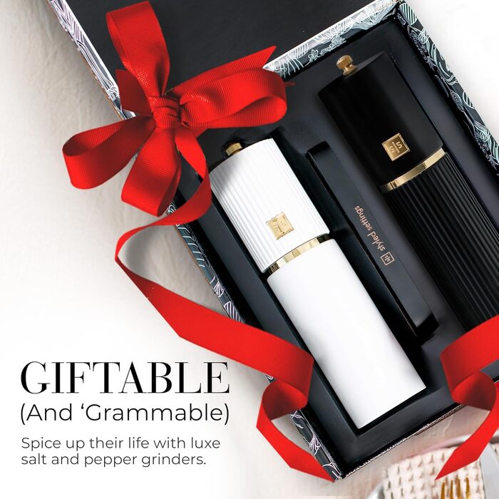 Набір для солі та перцю Styled Settings – біло-чорний з золотом, ручний, 2 шт., з регульованим керамічним жорном та дерев'яною підставкою