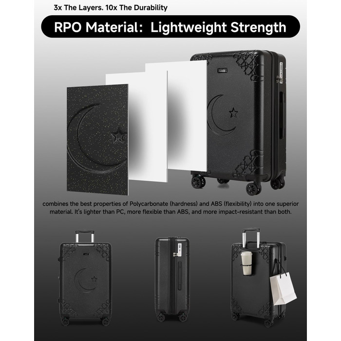 Набір валіз Sea Choice 3 шт. з жорстким корпусом, розширюваний, легкий, з 4 колесами, з тримачем для напоїв та TSA замком, чорний