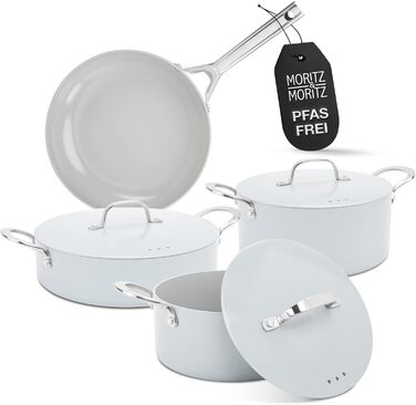 Moritz & Moritz 7-Piece Aluminum Cookware Set with Lids, Induction Compatible - 2x Saucepan with Lid, 1x Serving Pan with Lid, and 1x Frying Pan, Induction Cookware Set for All Cooktops, Grey