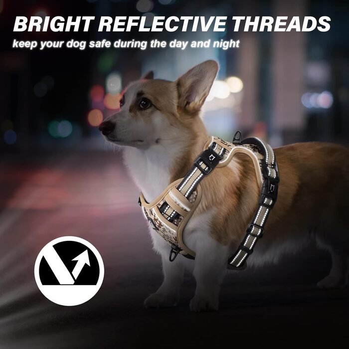 Нагрудник для собак No-Pull, анти-тягнучий, великий, середній, малий - м'який, дихаючий, регульований, світловідбиваючий, з м'якою ручкою (XL, камуфляжний коричневий)