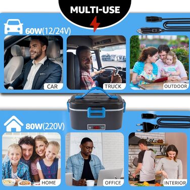 Електрична ланч-бокс Kimfead з індикатором температури, 1.8L, 80W, 12V/24V/230V, з сумкою та столовим прибором, для авто/вантажівки/офісу (синій індикатор температури)