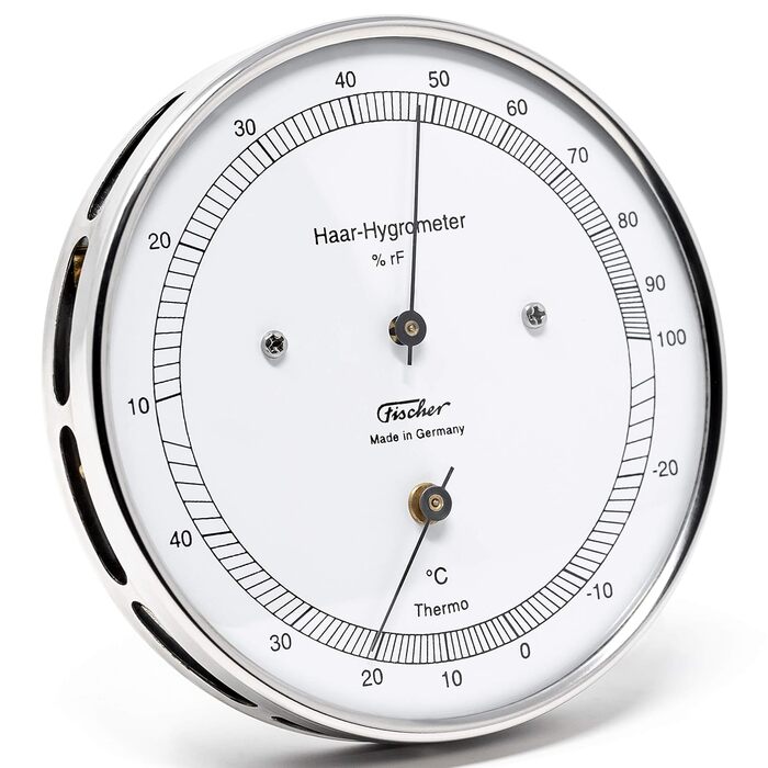 Fischer 111.01T - Hair Hygrometer & Thermometer - 103mm Outdoor Humidity Meter Made in Germany – Stainless Steel Silver
