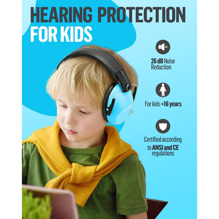 Навушники для захисту вух дитини, SNR 26dB, блакитні. Захист від шуму для сну, навчання, 3-16 років
