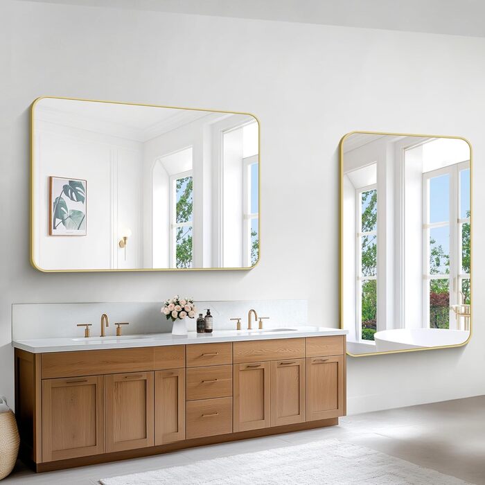 Дзеркало для ванної кімнати BONEWEI, 61 x 121,9 см, прямокутне, для монтажу на стіну, з рамою, косметичне дзеркало з округлими кутами, для спальні, вітальні, передпокою, горизонтальне (Золотий, 139.7L x 91.4B cm)