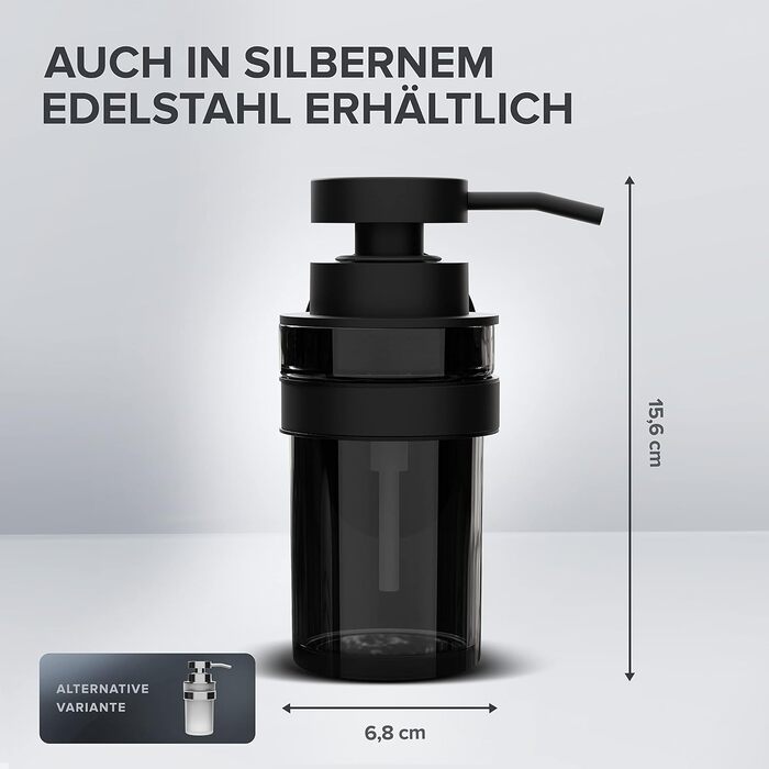 ovimar Soap Dispenser Lokta | black | Wall Mount No Drilling | made of stainless steel and black glass | Large opening | Easy to refill | Suitable for bathroom or kitchen | Hand sanitizer dispenser