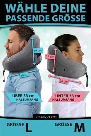FLOWZOOM AIR Neck Pillow Inflatable with Hood - Neck Pillow Airplane - Travel Pillow - Quickly Inflatable Neck Pillow Travel - Airplane Pillow - Travel Pillow - Neck Support Adult (gray)