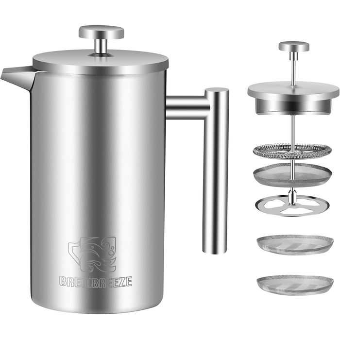 Набір для приготування кави френч-прес, термоізольований, з пітчером для спінювання молока, з нержавіючої сталі, 1 літр