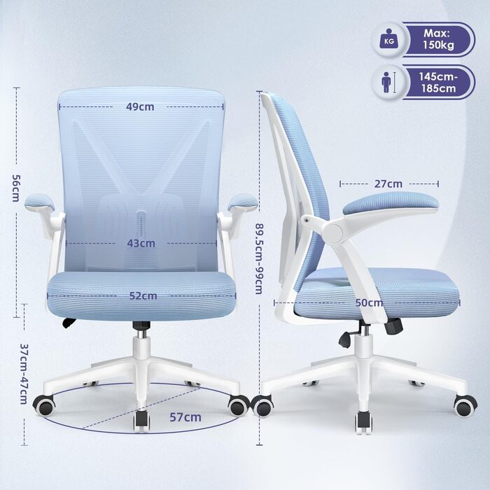 Ергономічне крісло для офісу з регульованою поперековою підтримкою, відкидними підлокітниками, поворотним механізмом та регулюванням висоти, блакитне
