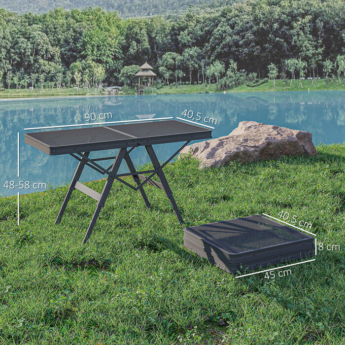 Outsunny Adjustable Height Folding Table, Folding Garden Table with Metal Grid, Lightweight Aluminum Multifunction Table, Side Table for Garden, Balcony, Camping, 90 x 40.5cm Black | Aosom