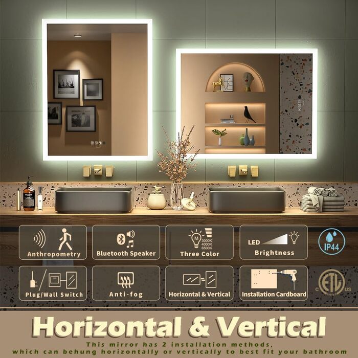 Дзеркало для ванної кімнати LED з підсвіткою, настінне, Bluetooth, антизапарник, IP44, вертикальне/горизонтальне (50x70 см)