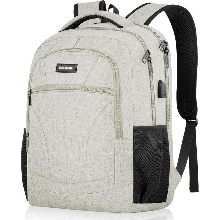 Рюкзак BIKROD для чоловіків та жінок, шкільний рюкзак для хлопчиків та дівчаток-підлітків, 15.6 дюймів, для ноутбука, робочий, для подорожей, кемпінгу, USB-порт для зарядки, 15.6 дюймів (15.6 дюймів, Бежевий)