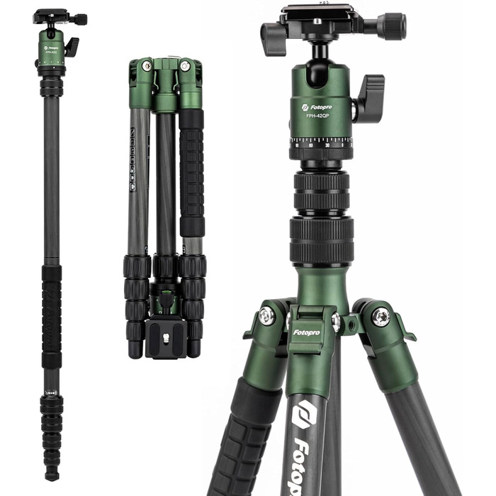 Fotopro 150см штатив для камери з вуглецевого волокна, компактний, з кульковою головкою, знімний монопод, швидка фіксація, до 8 кг, зелений