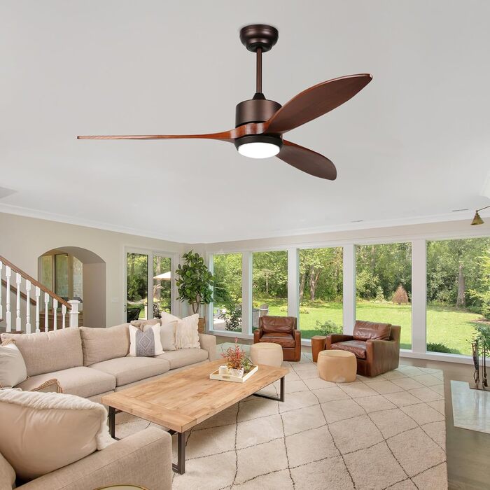 Стеляний вентилятор Reiga з дерев'яною обшивкою, 165 см, великий, DC-двигун, керування пультом та Smart Home, 6 швидкостей, колір дерево, для внутрішнього/зовнішнього використання, з підсвічуванням