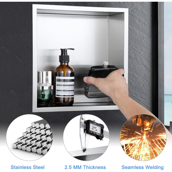 KINKIBOS Wall Niche Shower Stainless Steel, No Tiles Required, Recessed Shower Niche 30 x 30 x 10 cm, Shower Niche Single Shelf Storage