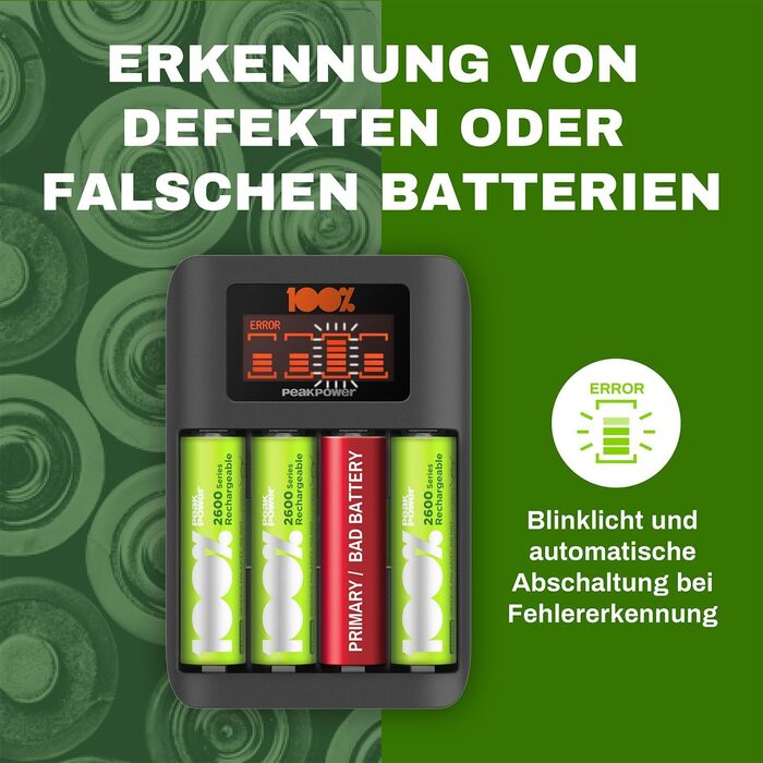 Зарядний пристрій PeakPower для акумуляторів AA AAA з 8 акумуляторами (4 x AA + 4 x AAA), захист від перерозряду, таймер безпеки, USB, пластикова упаковка, 8 слотів, швидка зарядка